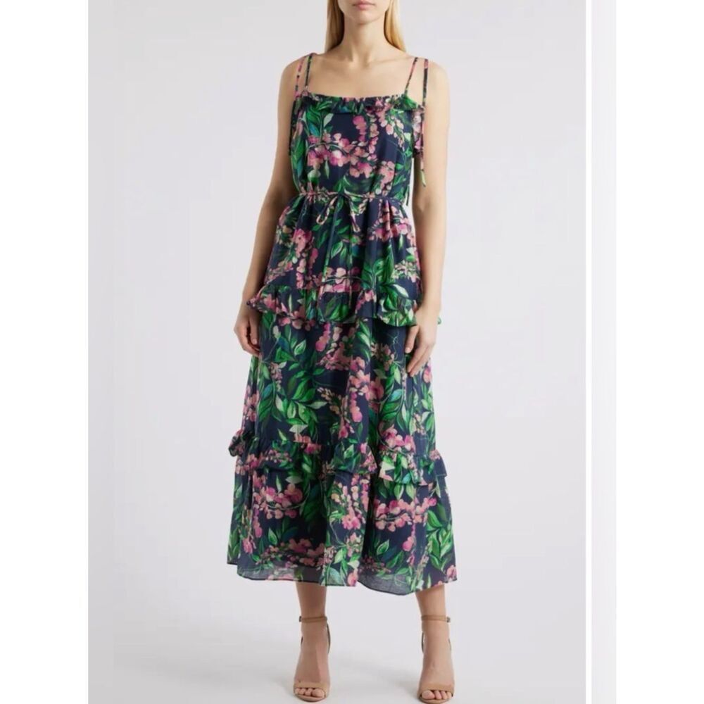 Julia Jordan Navy Blue Pink Floral Tie Shoulder Tiered Ruffle Maxi Sundress NEW